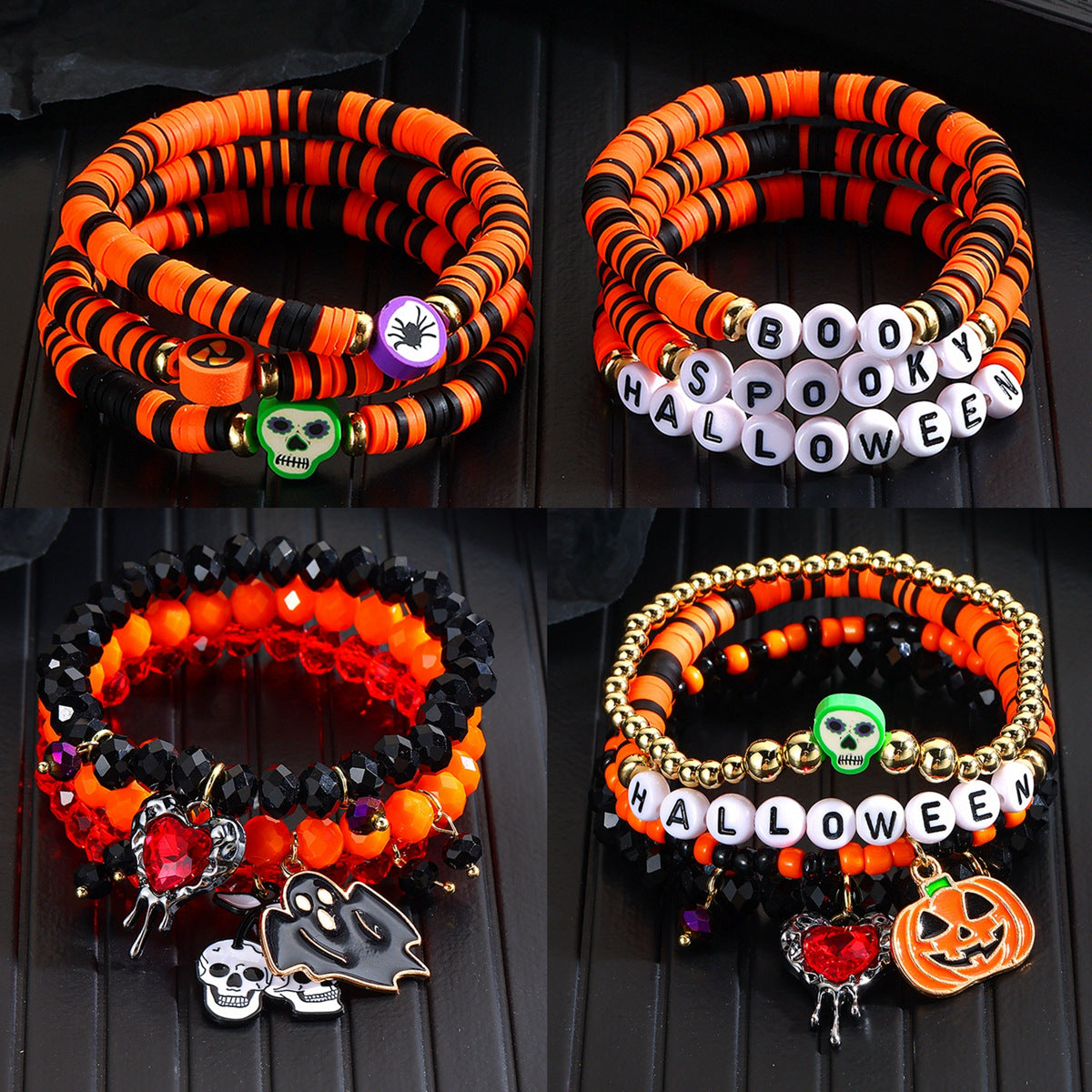Pulsera de cuentas de calabaza y esqueleto de cerámica blanda para Halloween