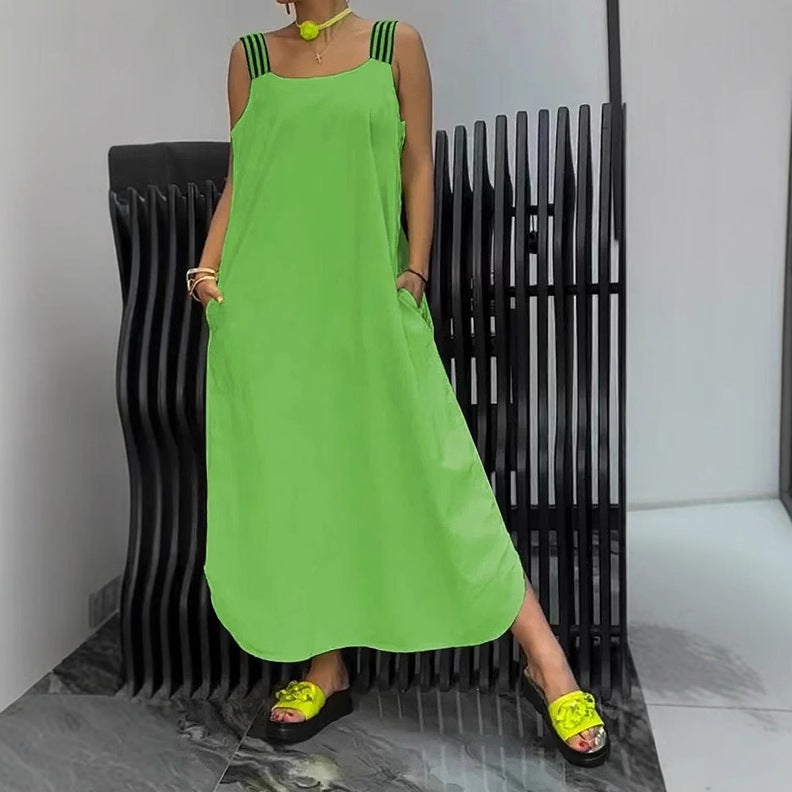 Vestido informal de algodón y lino de color liso para mujer