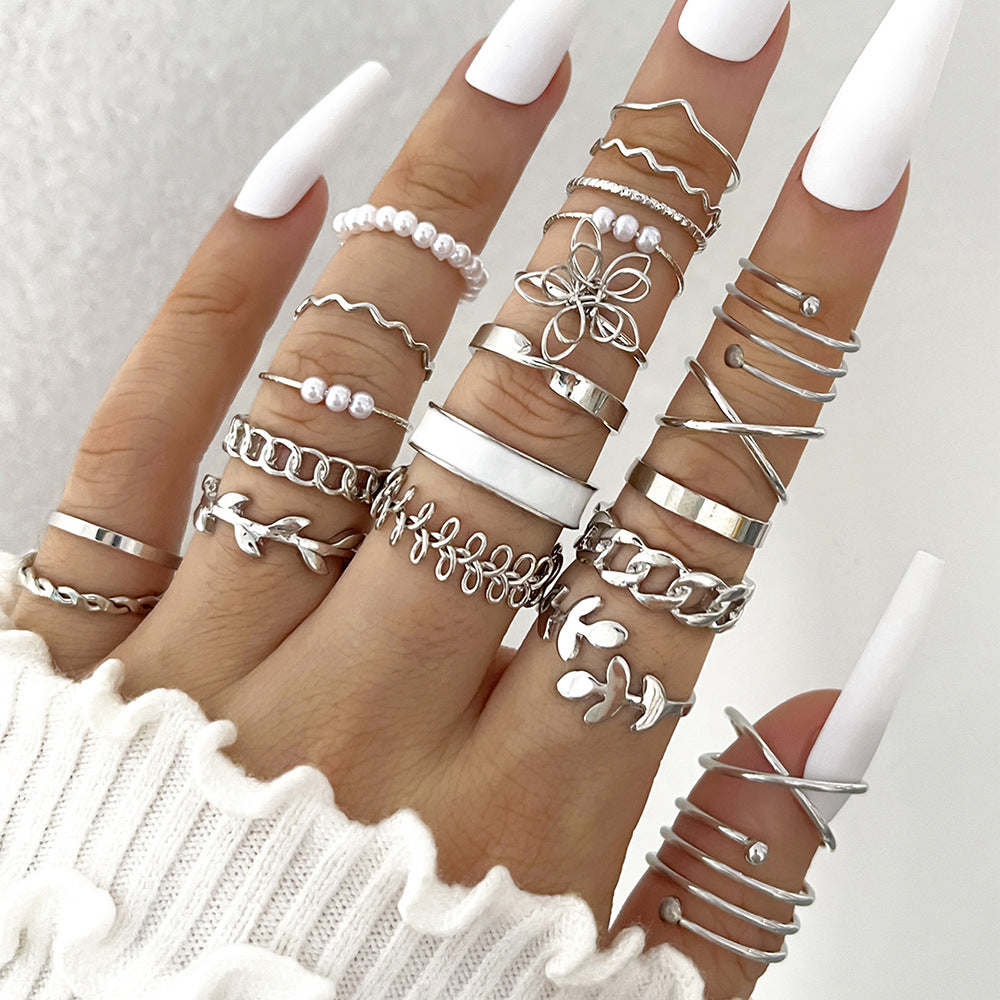 Conjunto de anillos multiarticulados con diseño geométrico de gotas de aceite para mujer