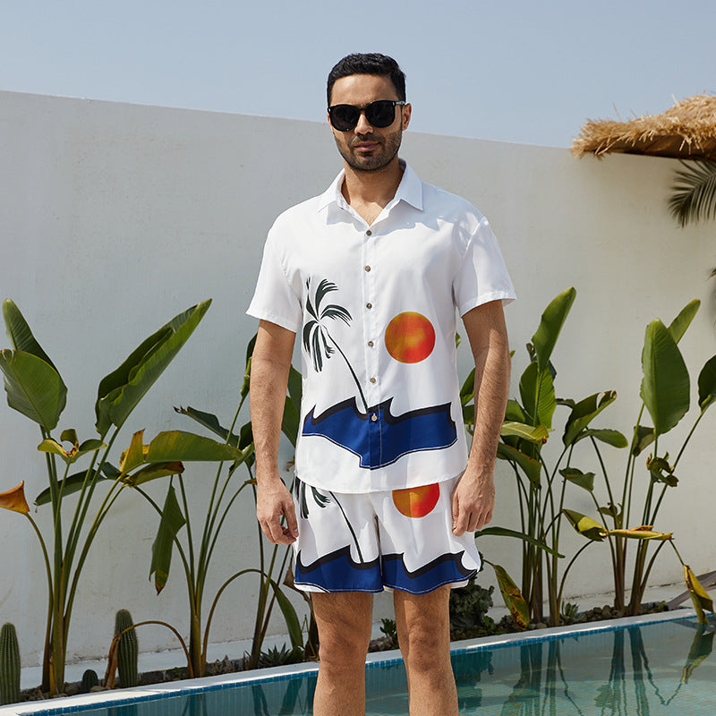 Ensemble deux pièces décontracté à manches courtes avec chemise imprimée et short en mélange de polyester