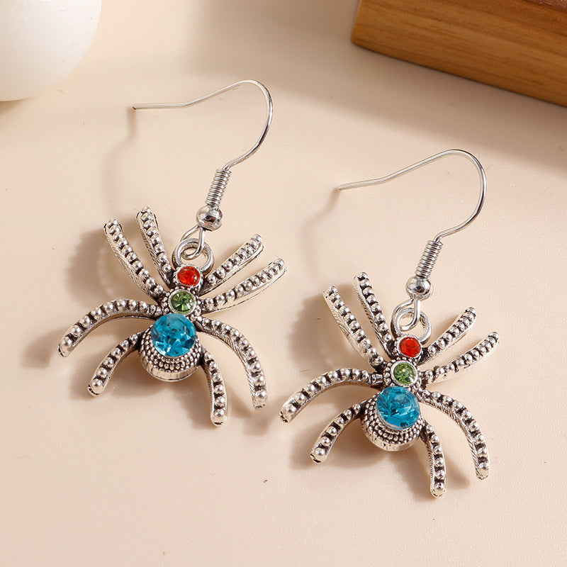 Pendientes colgantes de metal con diseño de araña de Halloween y diamantes de imitación multicolor