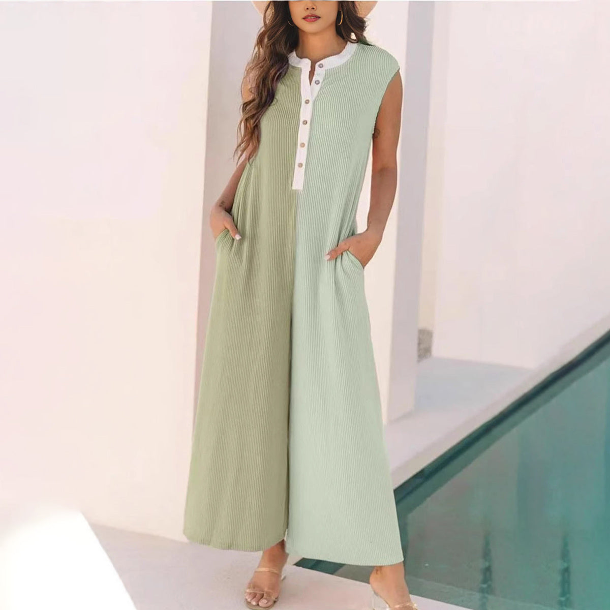 Women Fashion Casual Colorblock Sleeveless Jumpsuit