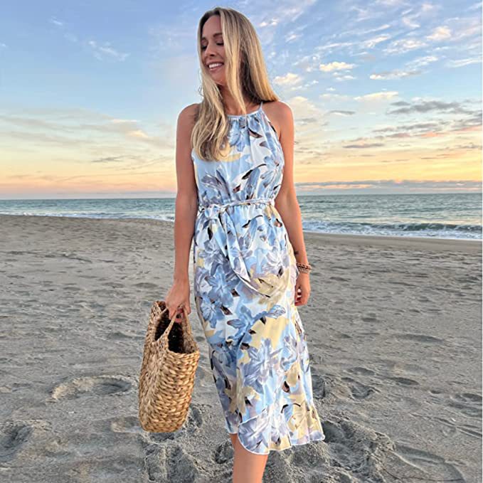 Vacation Fashion Floral Print Women Casual Ruffled Halter Dress