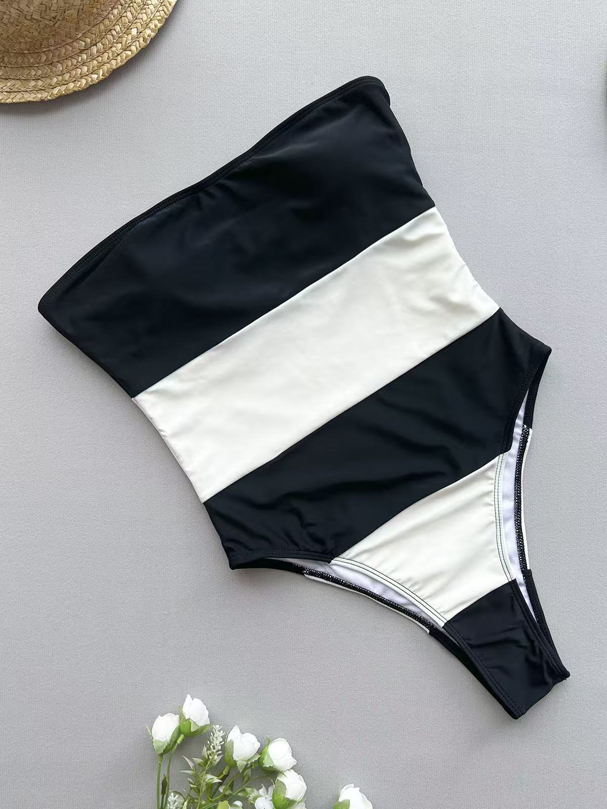 Women Fashion Sexy Colorblock Stripe One-Piece Swimsuit