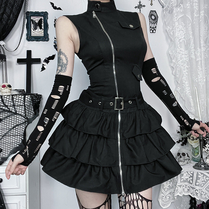 Robe gothique sans manches zippée de couleur unie pour femme