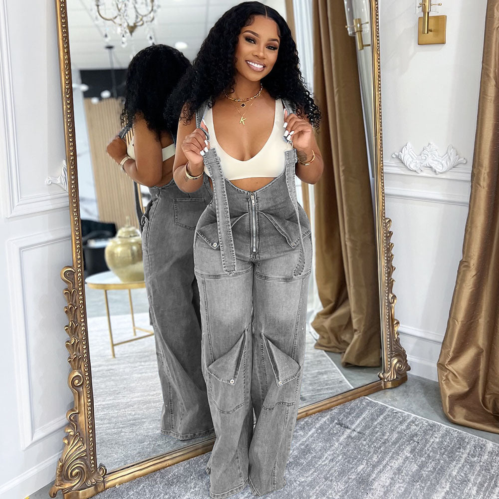 Women Casual Denim Jumpsuit Sleeveless High Waist Street Style