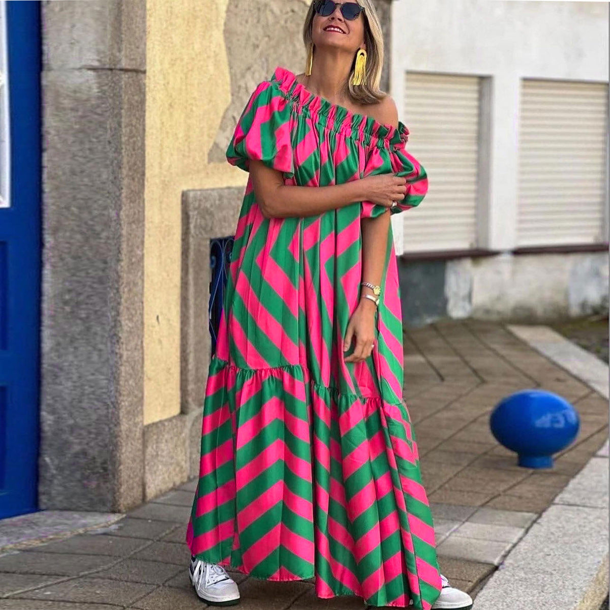 Women Casual Off Shoulder Printed Horn Sleeve Dress