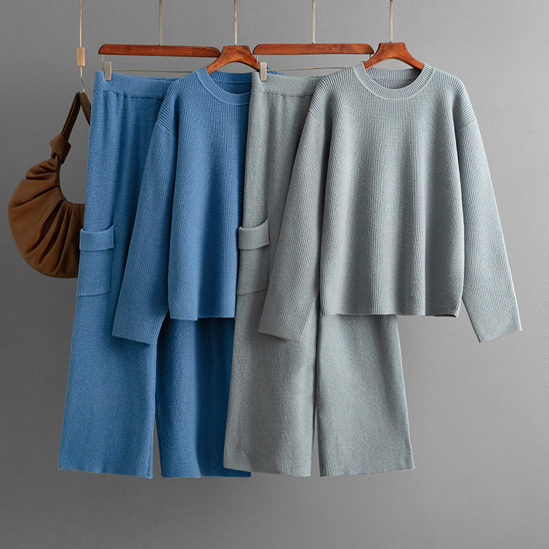 Conjunto de dos piezas de punto de color liso a la moda para mujer