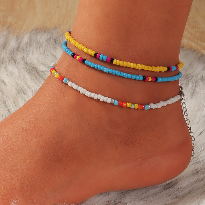 Conjunto de tobilleras con mini cuentas multicolores bohemias
