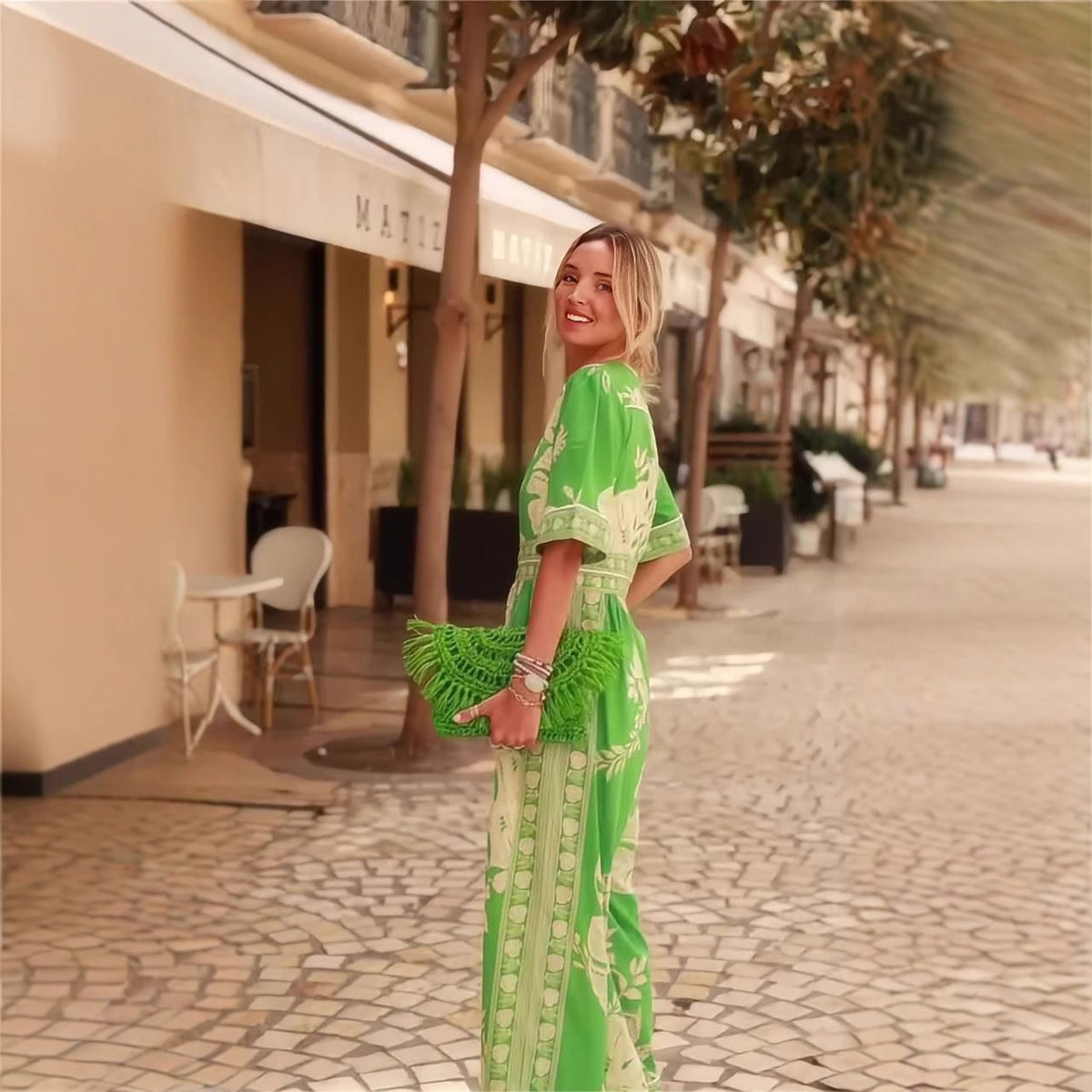 Women Casual Vacation Printed V-Neck Short-Sleeve Jumpsuit