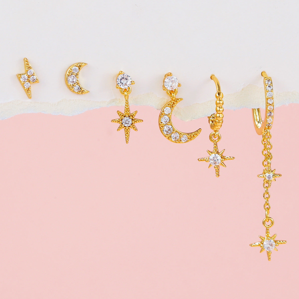 Women Fashion Zircon Star Moon Chain Tassel Earrings Set