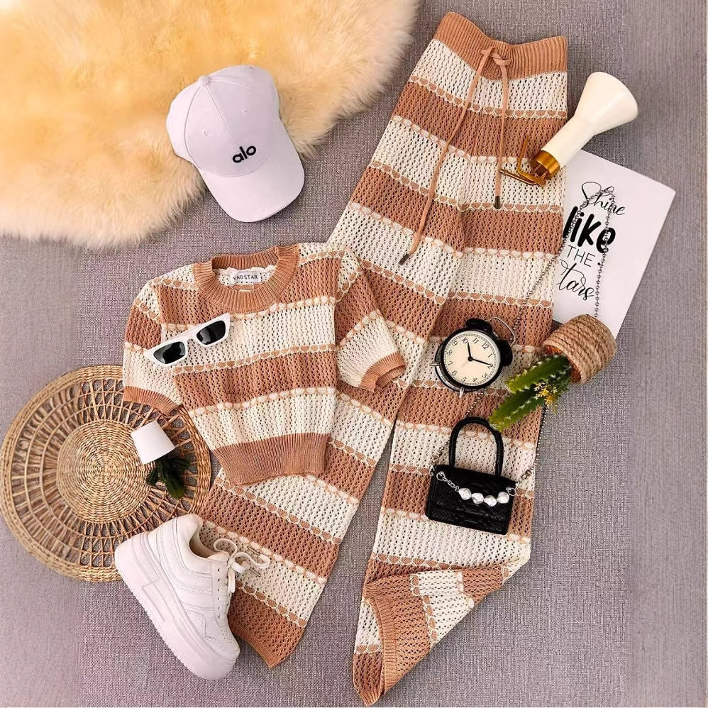 Women Fashion Contrast Color Stripe Two-Piece Set