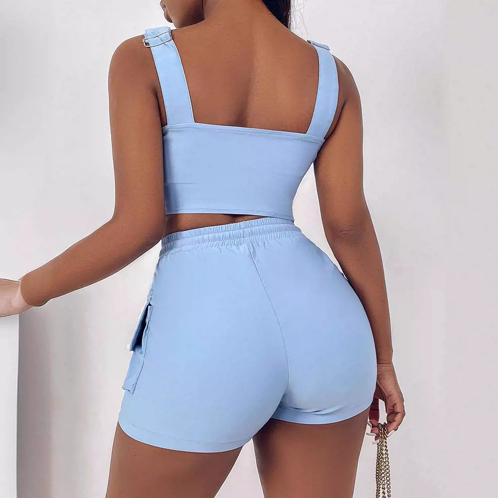 Women Fashion Sexy Solid Color Pockets Zipper Camisole Drawstring Shorts Two-Piece Set