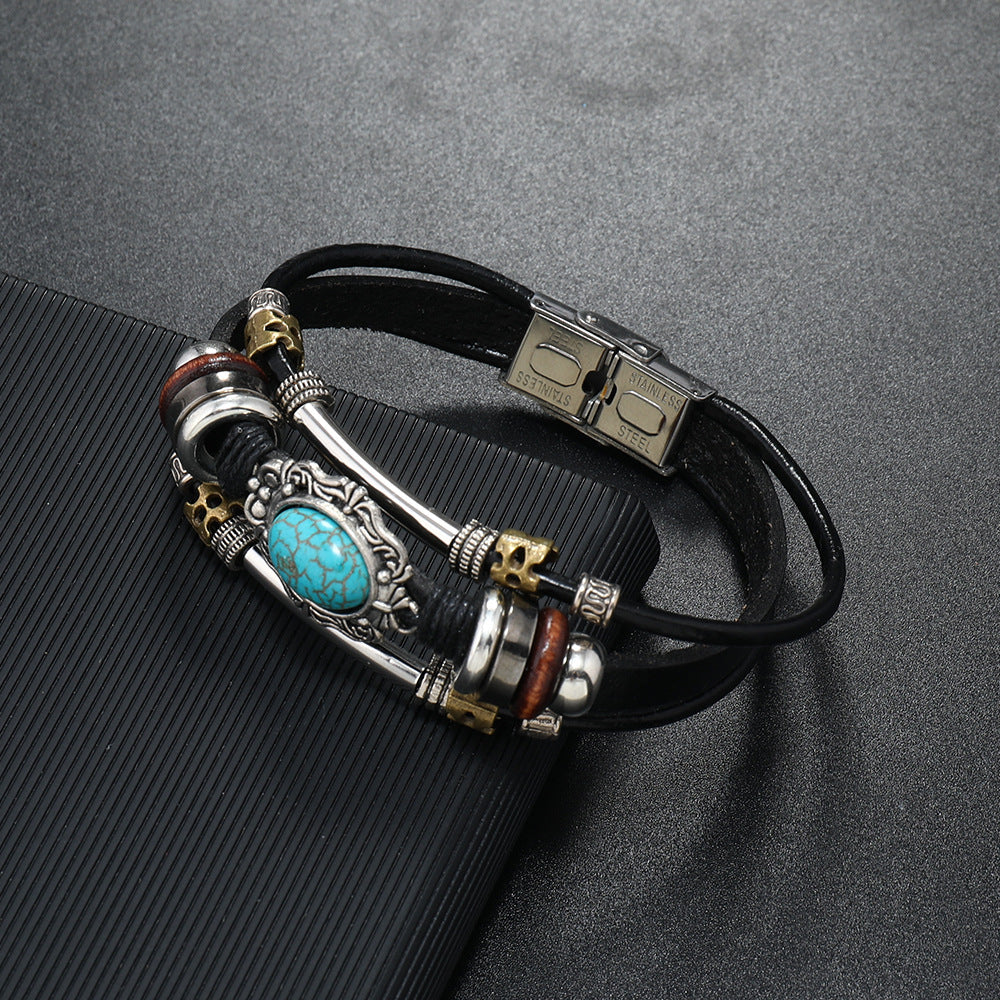 Pulsera de cuero turquesa retro bohemia para hombre