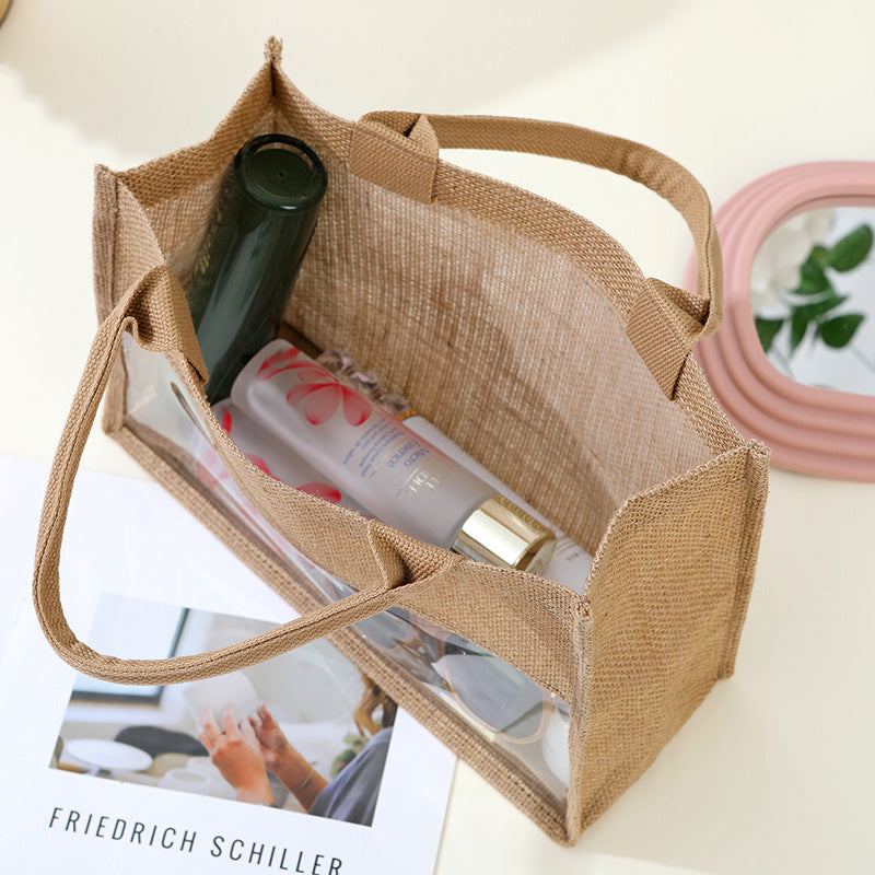 Sac fourre-tout décontracté en lin et jute, patchwork PVC, pour femme