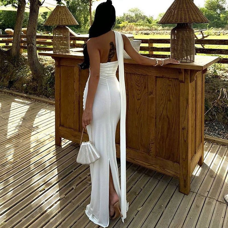 Women Elegant Solid Color Neck Bodycon Maxi Dress