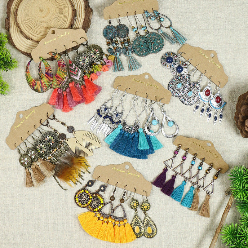 Conjunto de pendientes con borlas creativas retro de estilo étnico bohemio