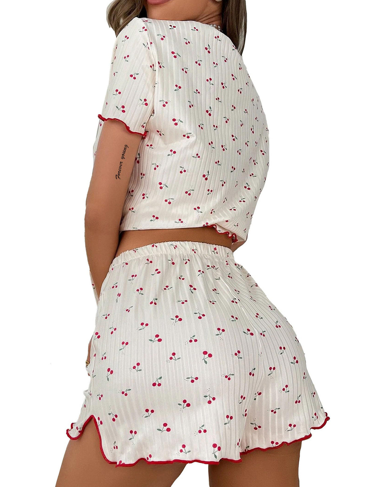 Women Fashion Casual Cherry Printed Short-Sleeve T-Shirt Loose Shorts Pajamas Two-Piece Set