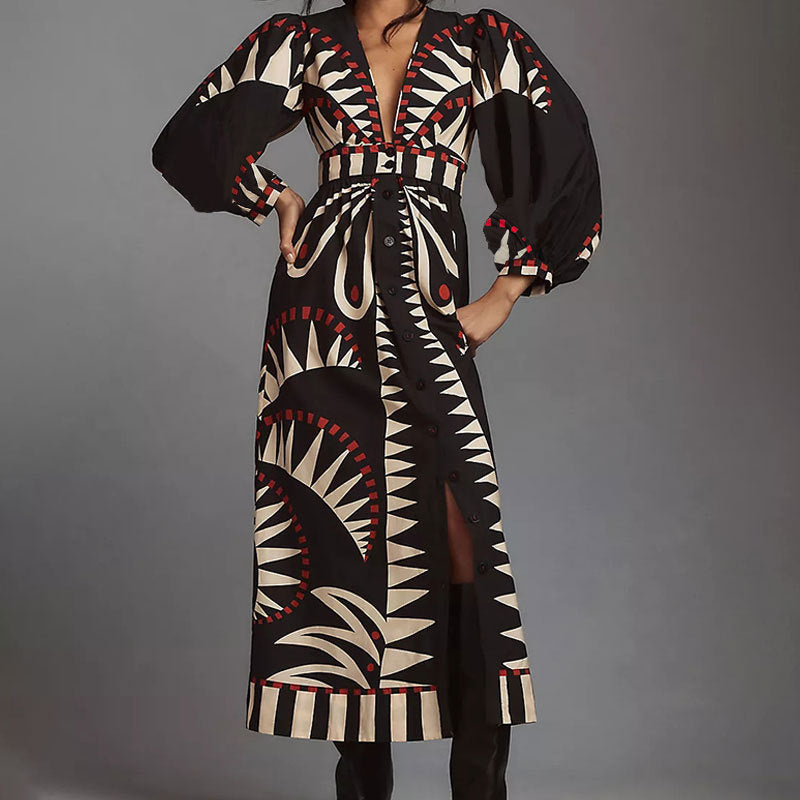 Vestido largo con cuello en V y estampado geométrico retro de talla grande para mujer