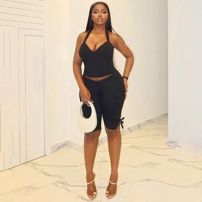 Women Solid Color Halter-Neck Backless Two-Piece Set with Bowknot Shorts