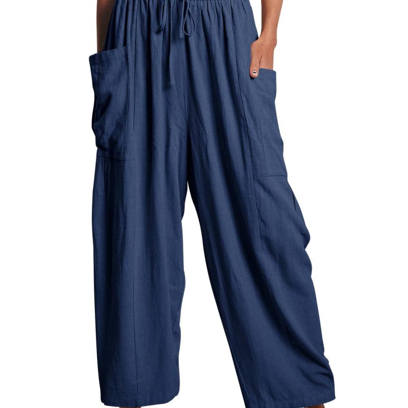 Pantalones anchos de cintura alta de lino y algodón para mujer