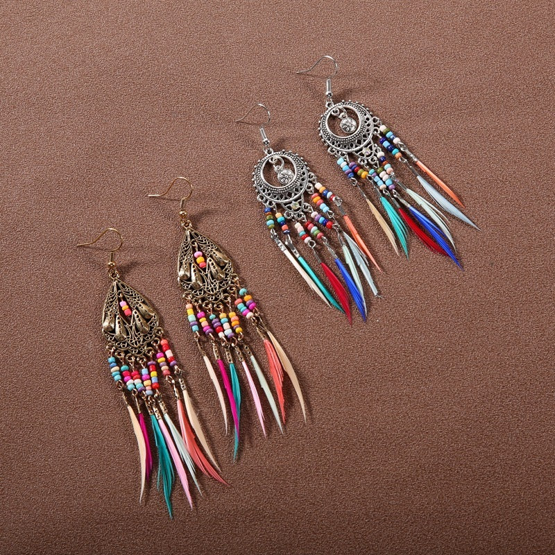 Bohemian Ethnic Style Retro Tassel Feather Earrings