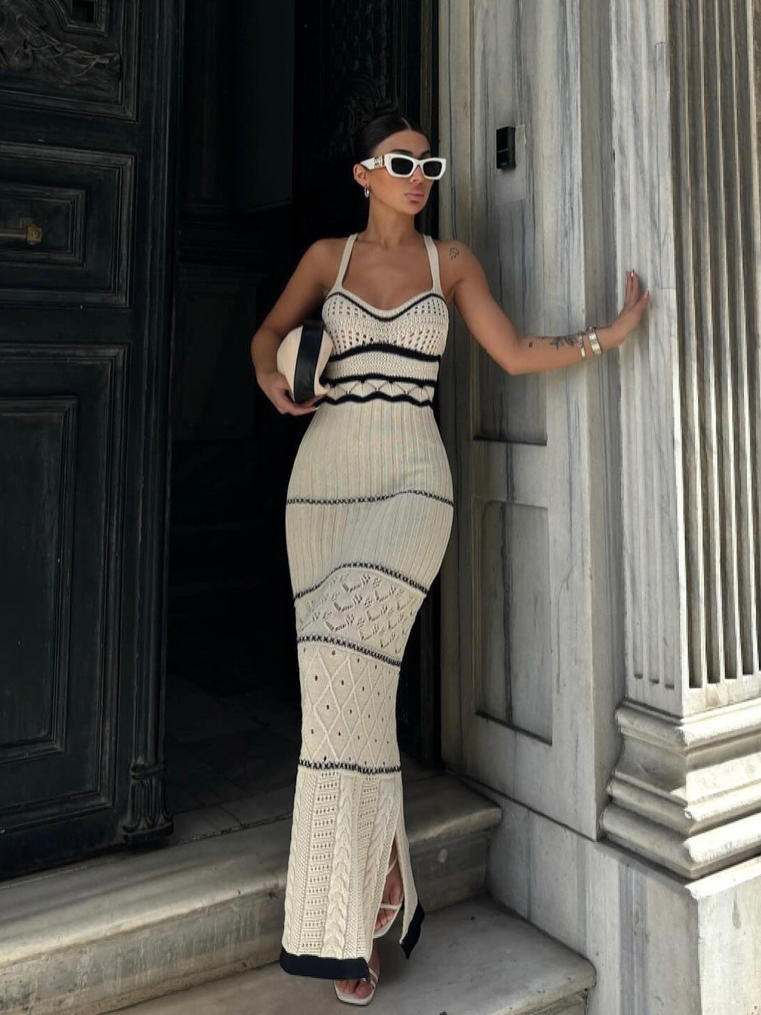 Vestido largo ajustado de punto con tirantes y estilo bohemio para mujer