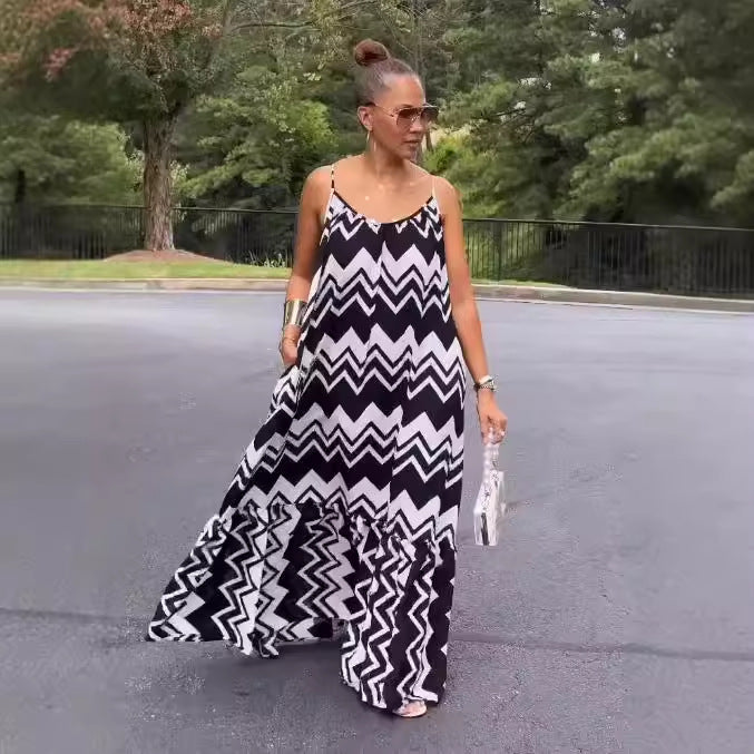 Women Fashion Casual Plus Size Printed Spaghetti Strap Backless Dress