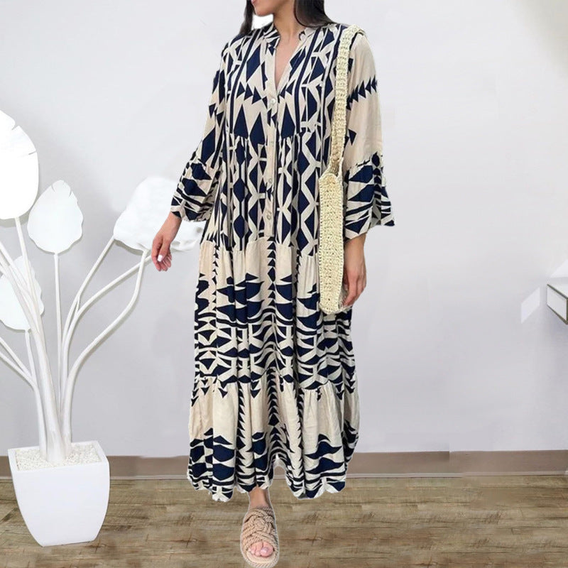 Women Casual Boho Geometry Print V Neck Single-Breasted Maxi Shirt Dress