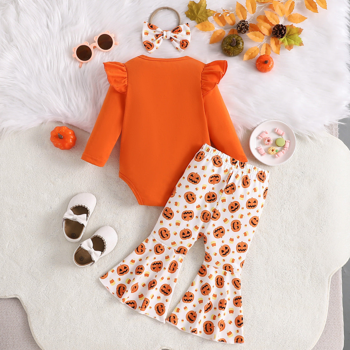 Conjunto de mono informal de manga larga con letras de dibujos animados para niñas pequeñas