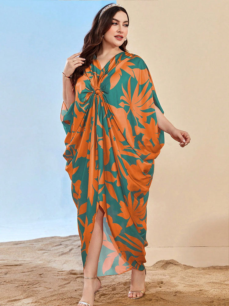 Elegant Print V-Neck Pleated Loose Dress