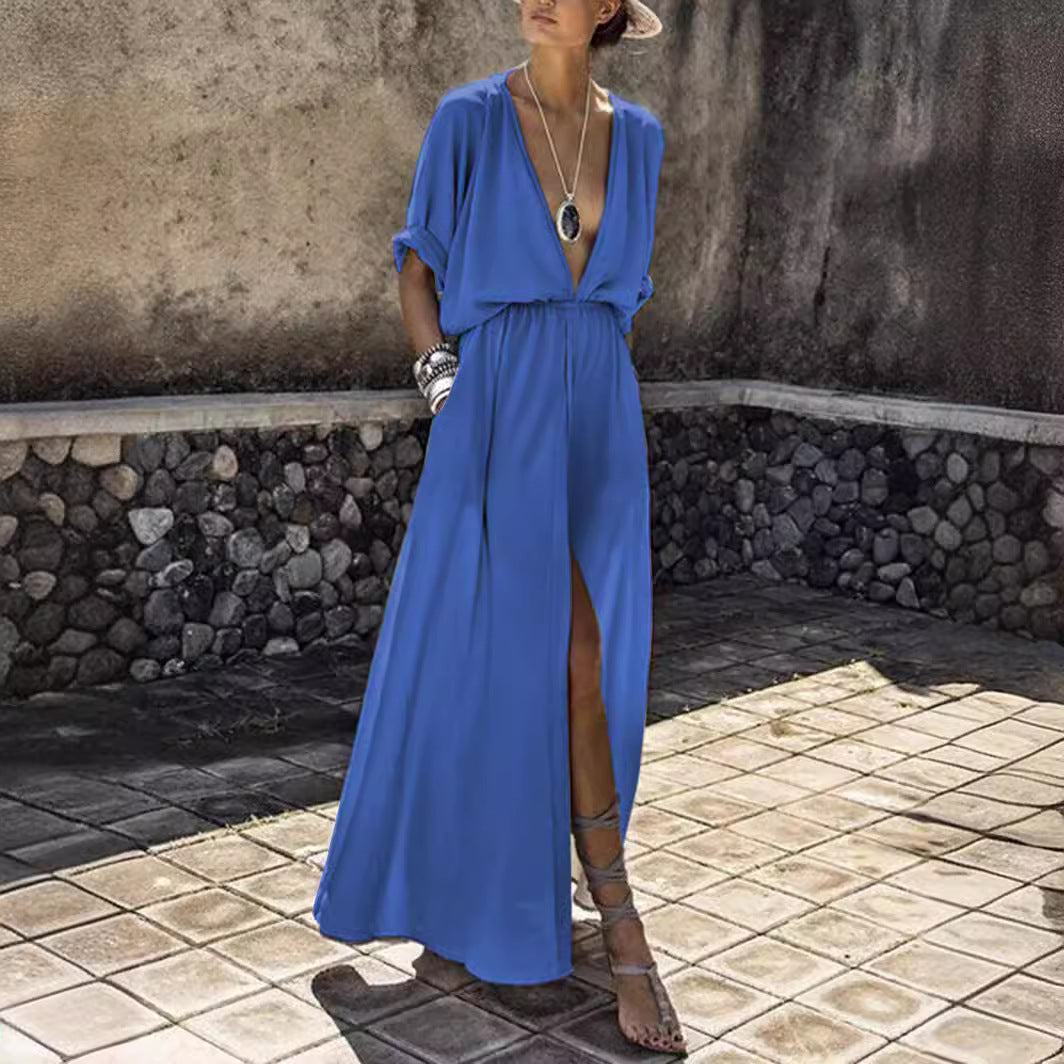 Robe ample décontractée à manches courtes et col en V profond pour femme, couleur unie