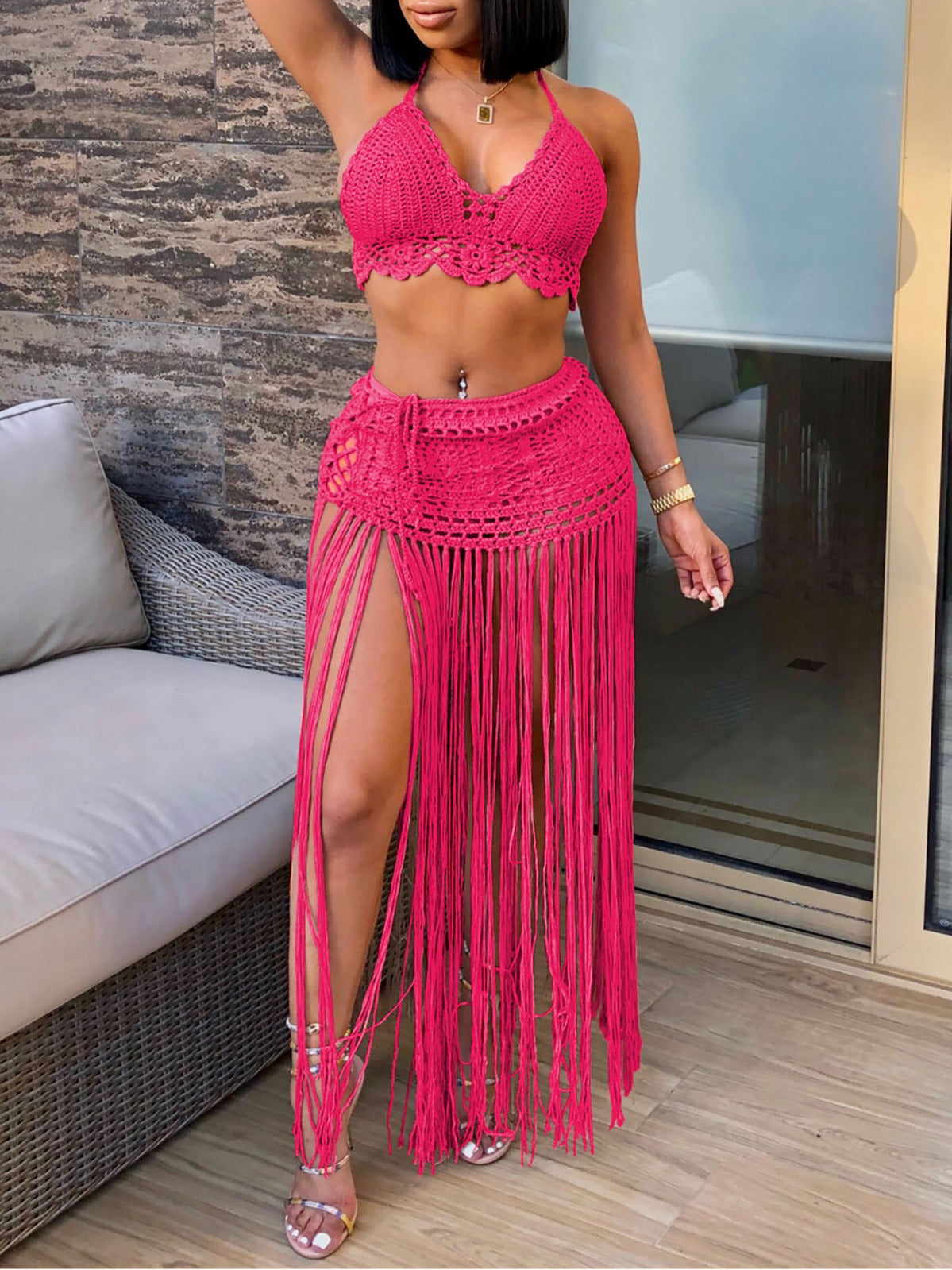 Women Summer Vacation Solid Color Crochet Tassel Coverup Set