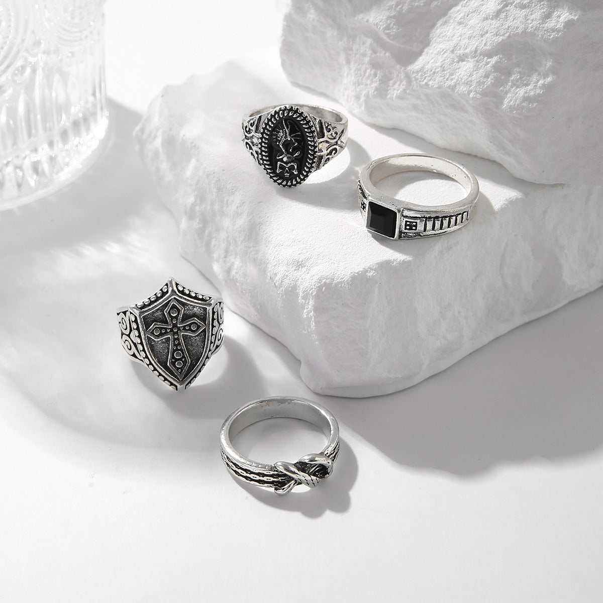 Mens Punk Cross Ring Four Piece Set Alloy Jewelry