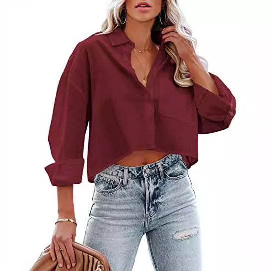 Blusa corta informal de algodón de manga larga de color liso para mujer