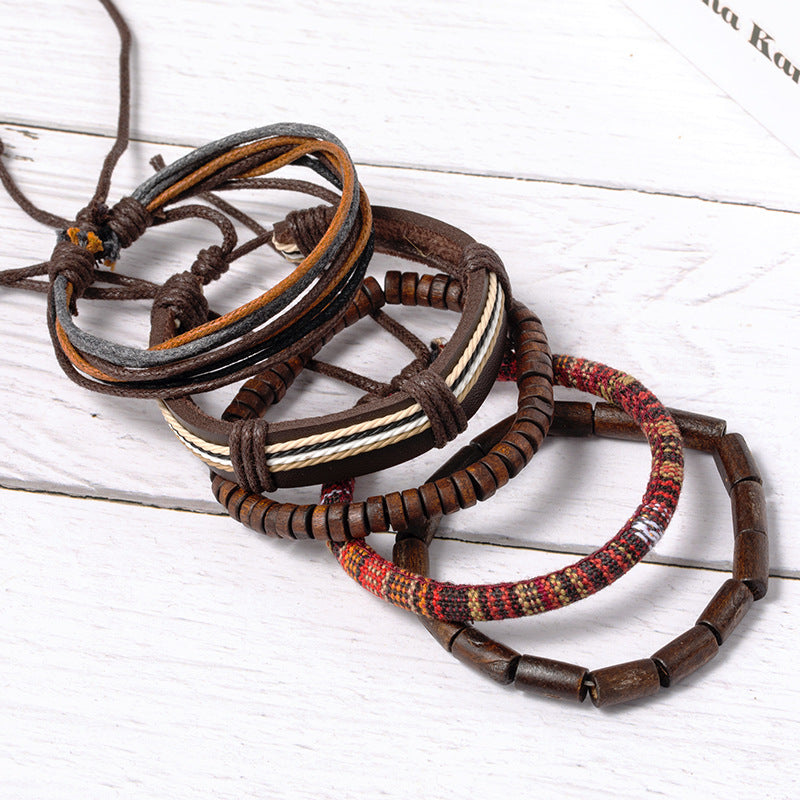Vintage Woven Wooden Beads Wax Rope Bracelet - Unisex Retro Style