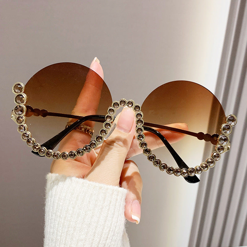 Fashion Metal Rhinestone Round Half Frame Sunglasses