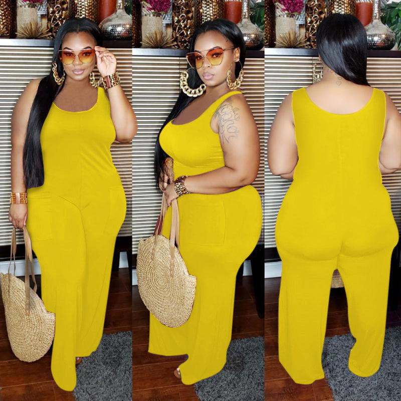 Women Plus Size Solid Color Sleeveless Jumpsuit