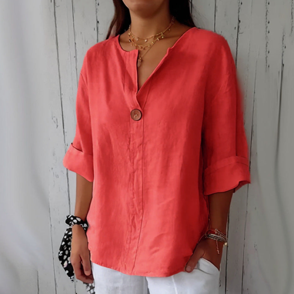 Camisa de lino y algodón de color liso, holgada e informal para mujer, cómoda y elegante.