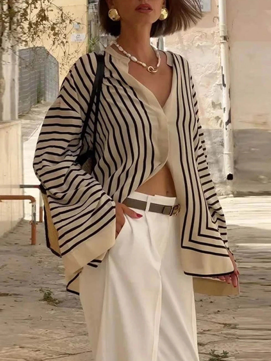 Women Fashion Stripe Print Long Sleeve Shirt