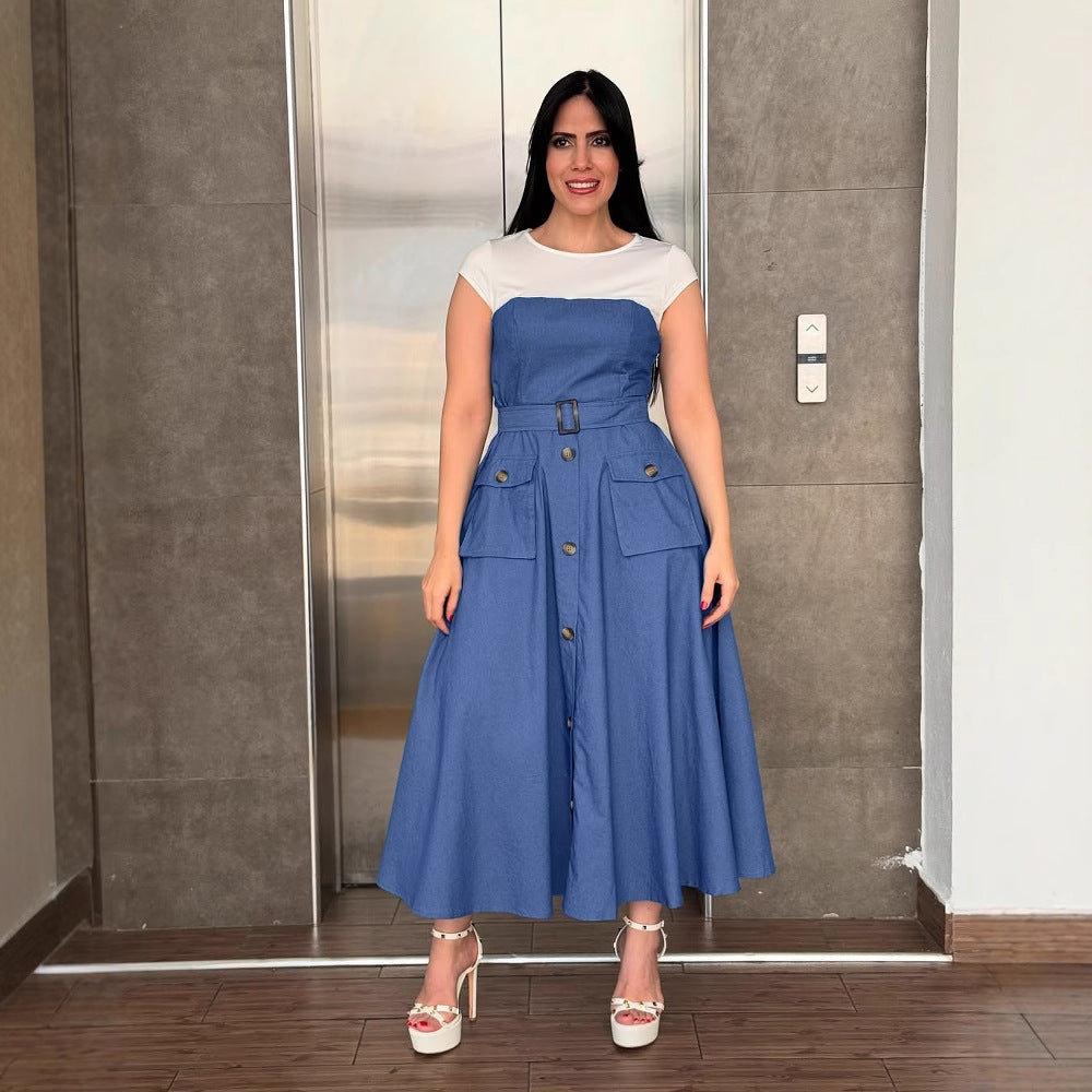 Women Casual Elegant Denim Stitching Color Contrast Dress