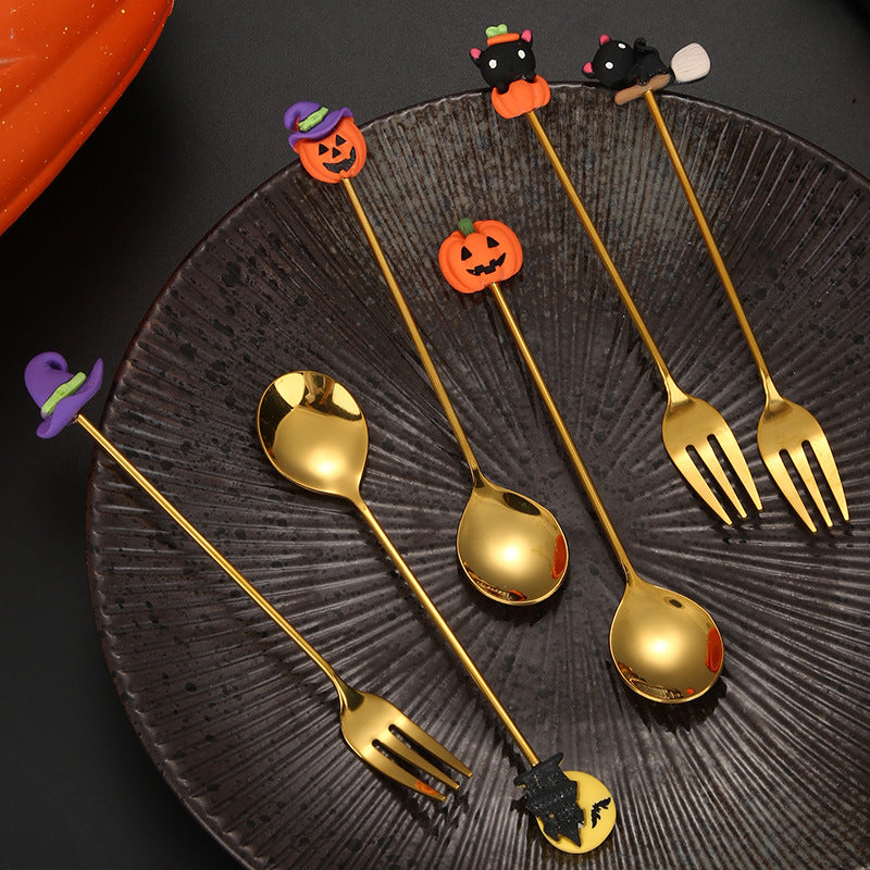 Tenedor y cuchara de acero inoxidable para postres y frutas con dibujos animados de Halloween.