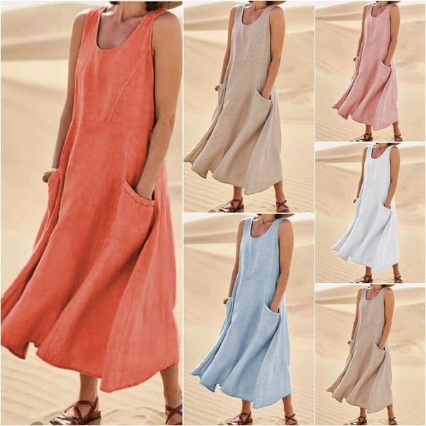Robe d'été décontractée en lin de couleur unie pour femme