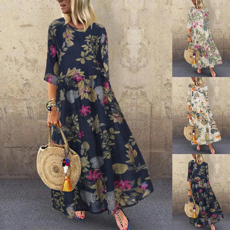 Vestido elegante bohemio de verano con mangas cortas y cuello redondo floral para mujer