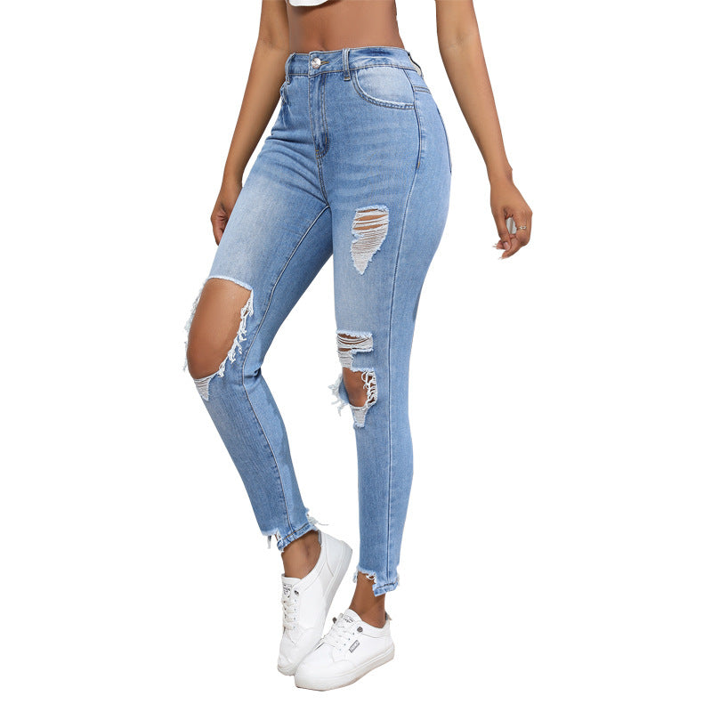 Jean extensible déchiré à taille haute pour femme