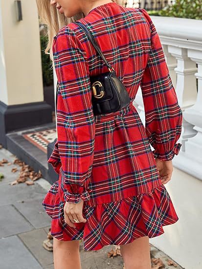 Vestido informal con cuello en V y estampado a cuadros para mujer