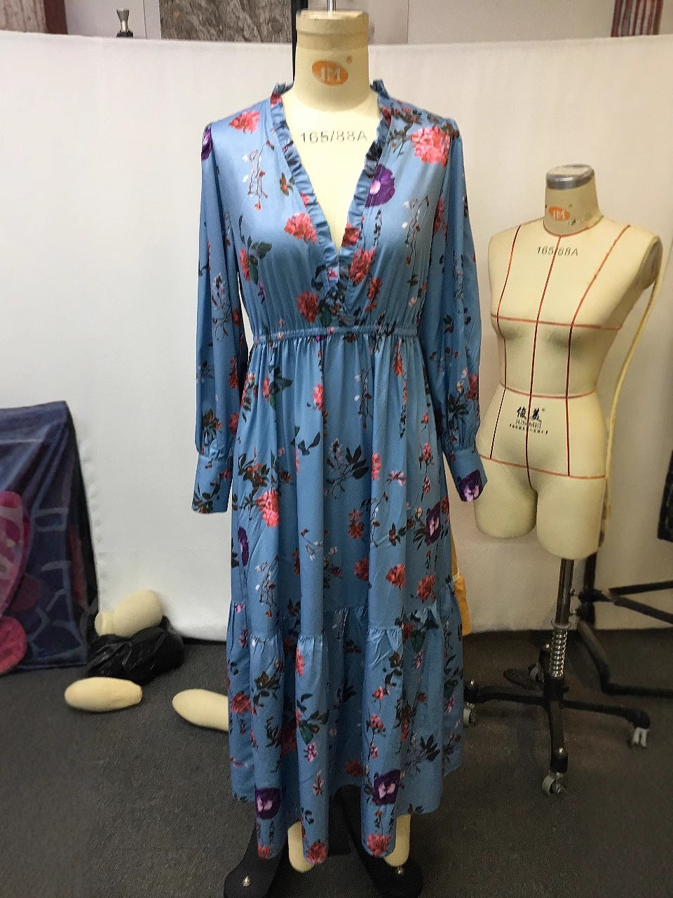 Robe à manches longues et col en V pour femme, style rétro décontracté, style bohème, imprimé floral