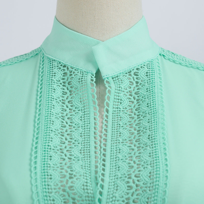 Stand Collar Stitching Lace Hollow Button Maxi Dress