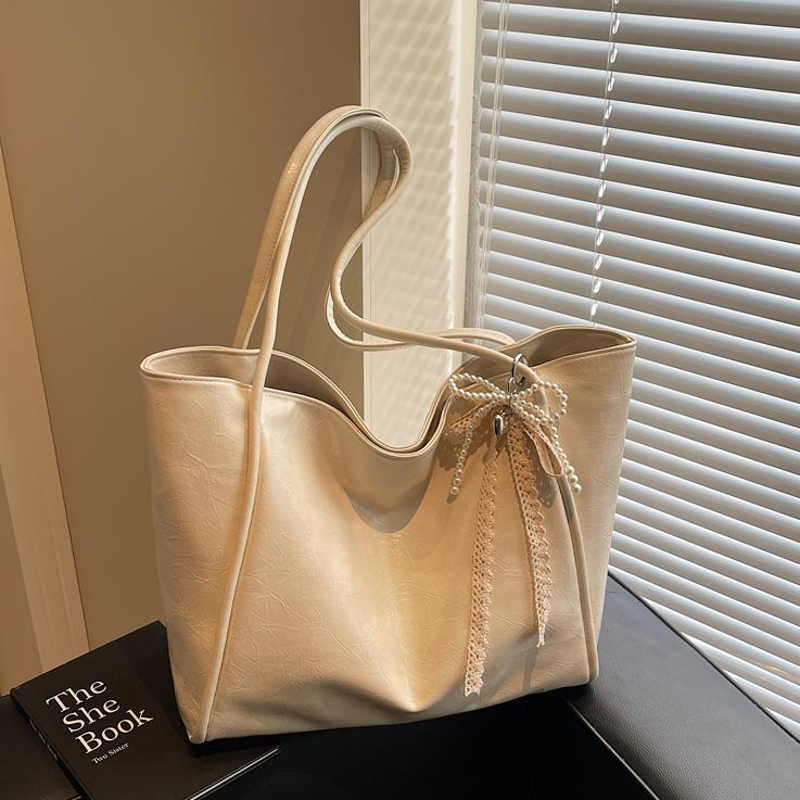 Bolso tote retro de piel encerada con aceite para mujer con colgante de lazo