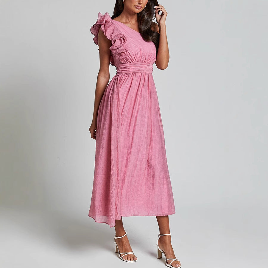 Women Fashion Solid Color Shoulder Backless Dress